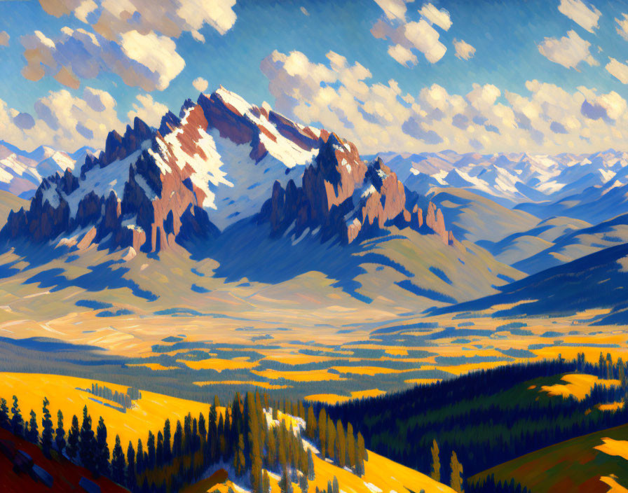 Colorful Mountain Landscape with Blue Skies and Snowy Peaks