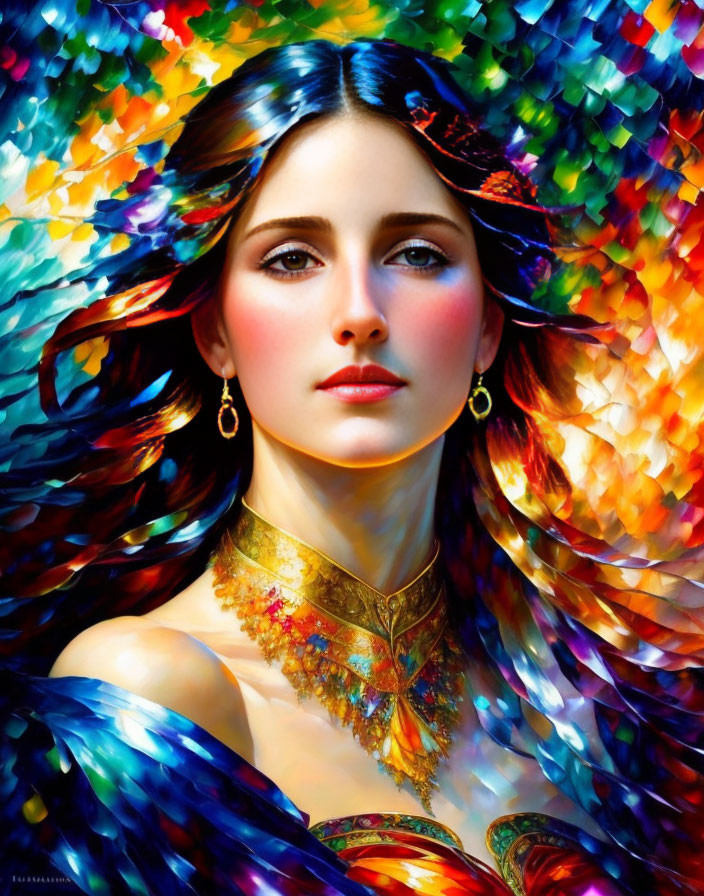 Colorful digital artwork: luminous woman with rosy cheeks & feather-like patterns