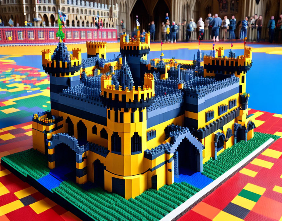 Vibrant Lego castle with blue rooftops and yellow walls on colorful floor.