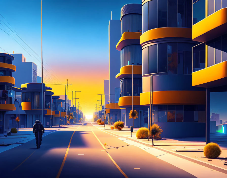 Cyclist on Futuristic Street at Sunset