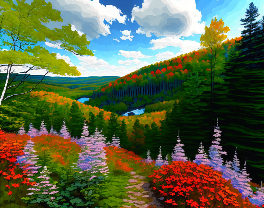 Colorful Autumn Forest Painting with Path, River, and Cloudy Sky