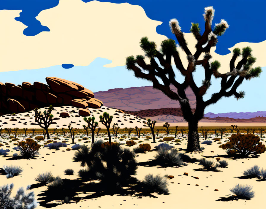 Desert scene with Joshua tree, bushes, blue sky & clouds