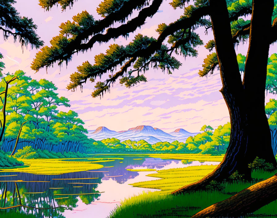 Lush Landscape Illustration with River, Trees, and Mountains