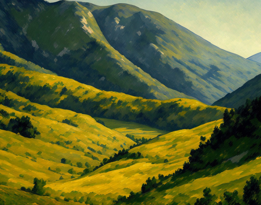 Rolling Hills Landscape Painting with Green and Yellow Tones