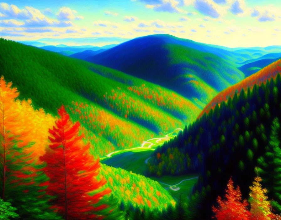 Colorful Autumn Landscape with Rolling Hills and Trees