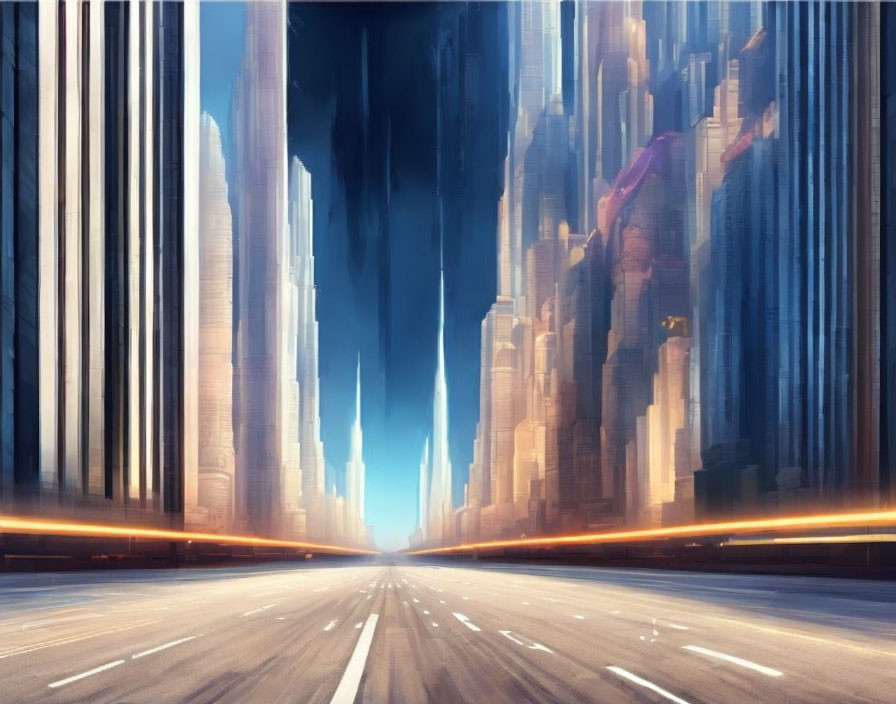 Futuristic cityscape with towering skyscrapers and light streaks on a wide road