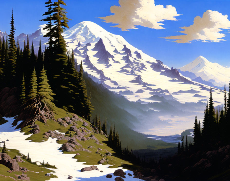 Snow-capped mountains, evergreen trees, and snowy forest under a blue sky