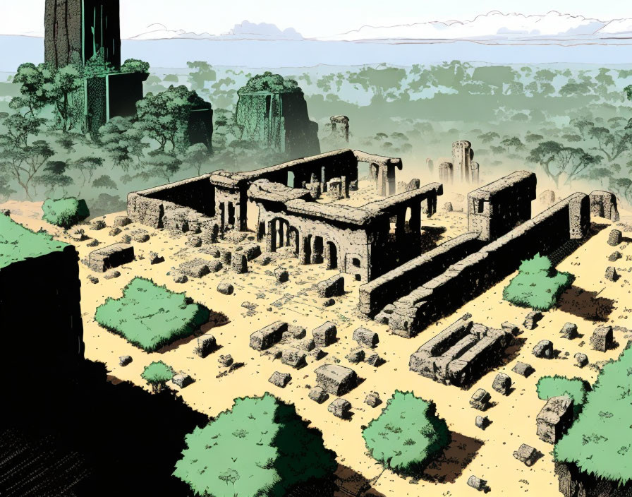 Ancient ruins in dense forest with towering structures under muted sky