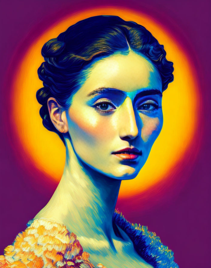 Colorful classical woman portrait against warm background in vibrant palette