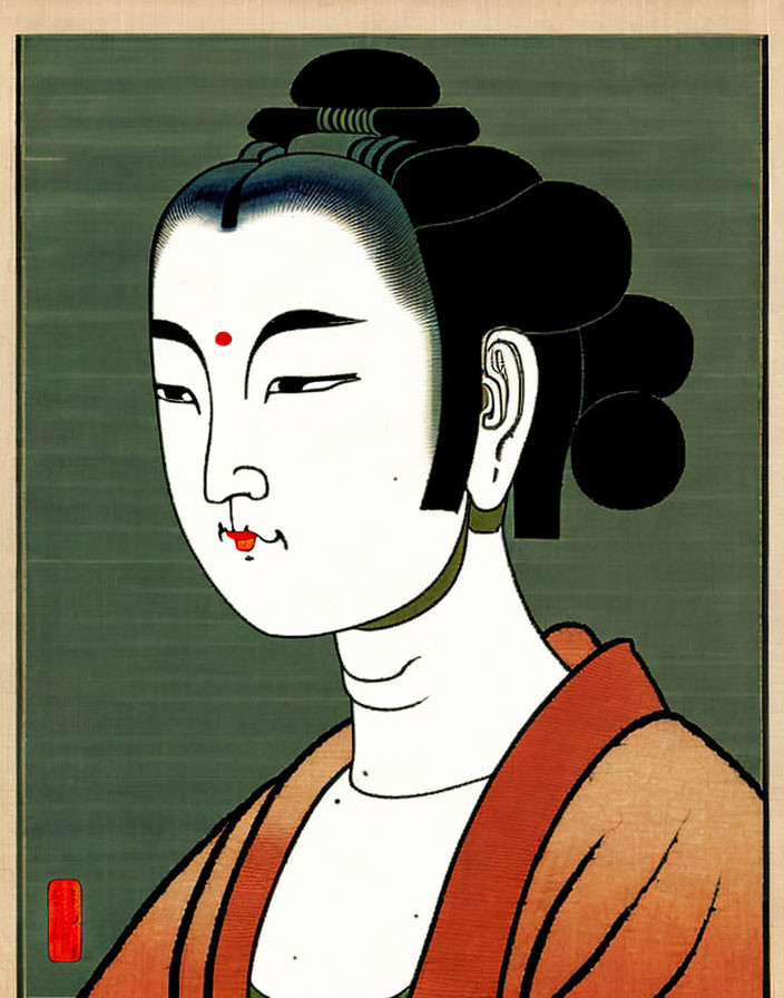 Japanese Woodblock Print of Geisha in Red and Orange Kimono