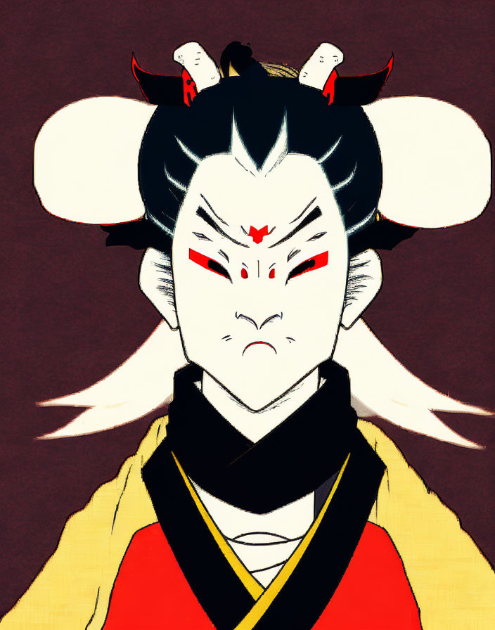 Illustrated character with red eyes and traditional Japanese attire.