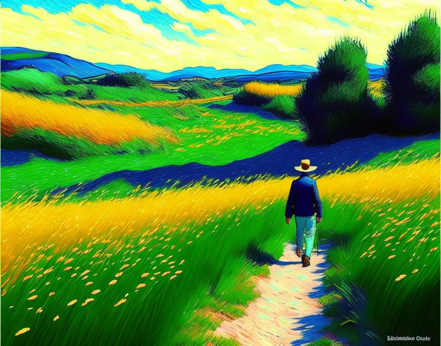 Vibrant impressionistic painting of person in straw hat walking through colorful landscape