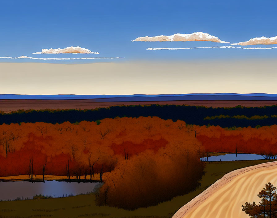 Digital art landscape: Sandy path through orange-leafed forests to serene lake