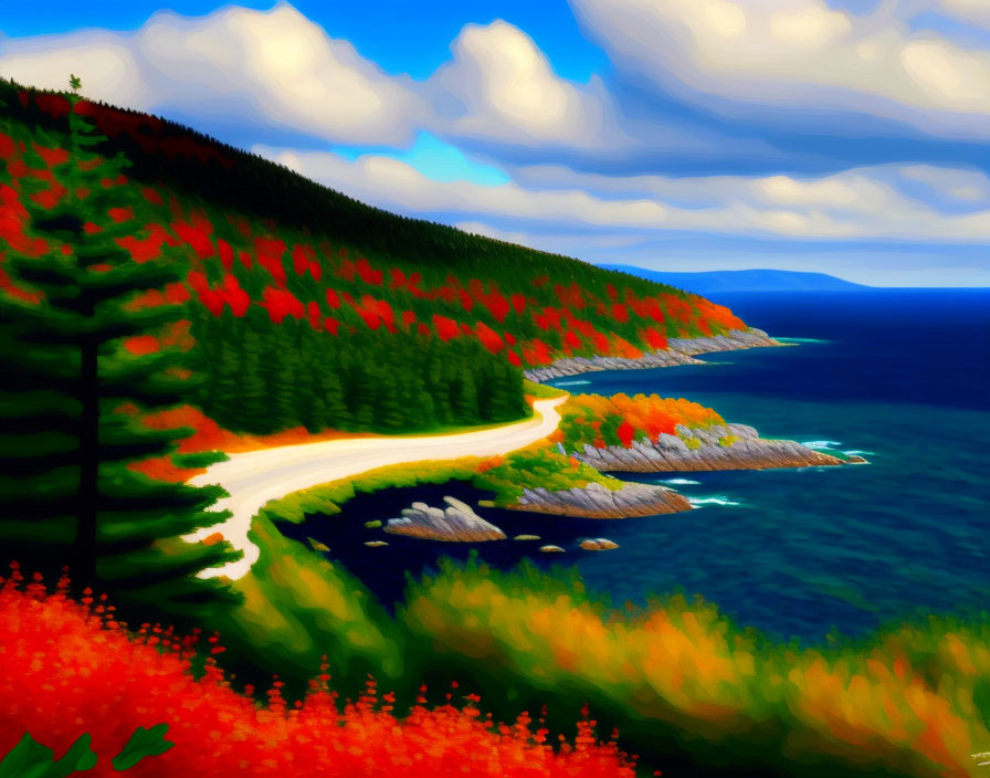 Colorful Coastal Scene with Winding Road and Leafy Trees