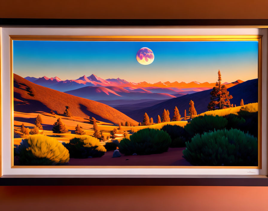 Moonlit landscape with orange hills and twilight sky