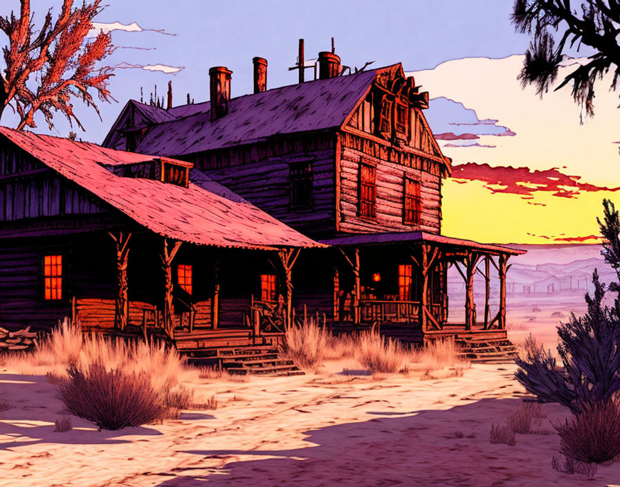 Illustration of old wooden house at sunset in desert landscape