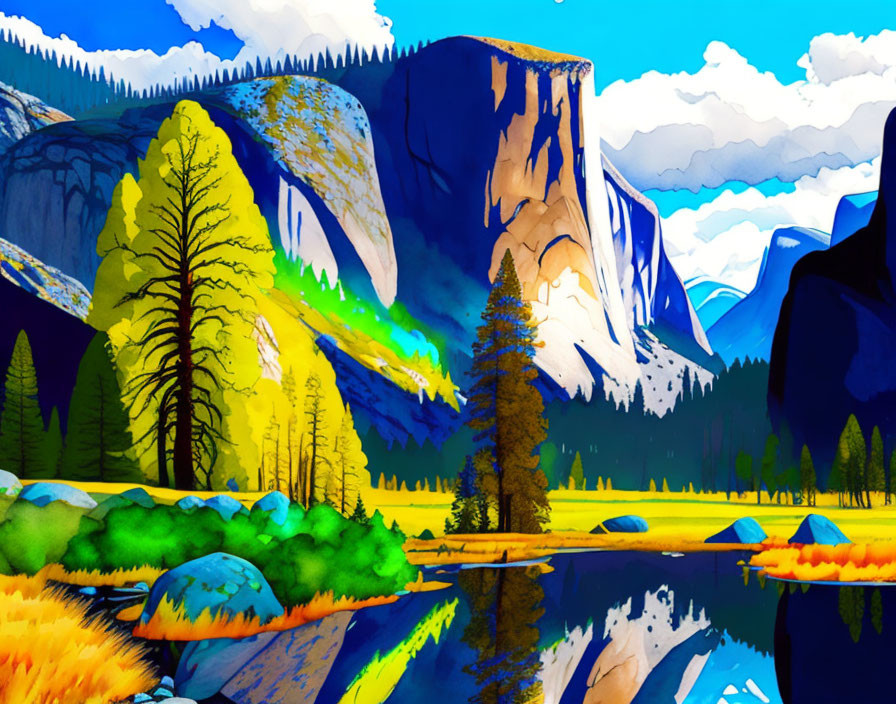 Colorful digital artwork: Mountain landscape, blue sky, river reflection, lush trees.