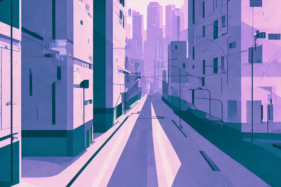 Urban street illustration with tall buildings and purple sky