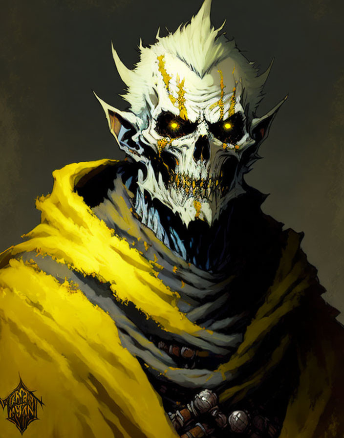 Menacing figure with skull-like face and glowing eyes in yellow cloak