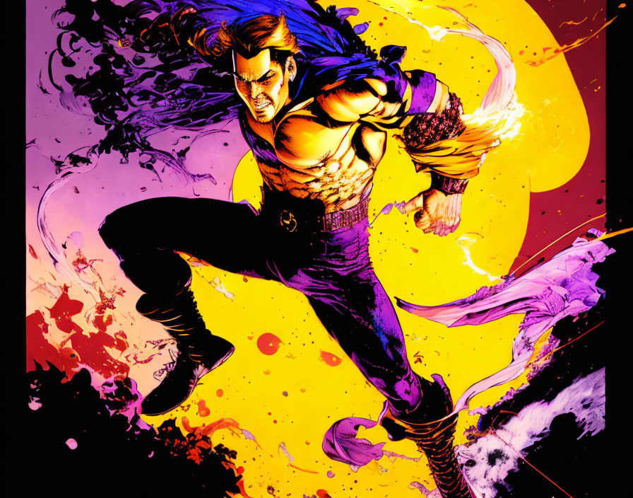 Muscular superhero leaping in vibrant yellow and purple backdrop