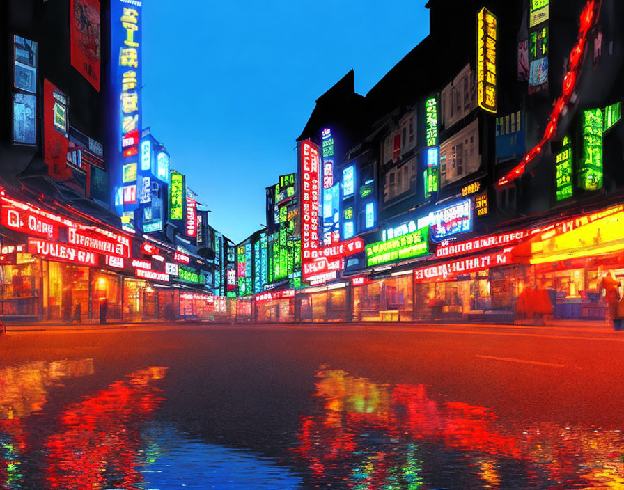 Colorful neon signs light up wet city street at night