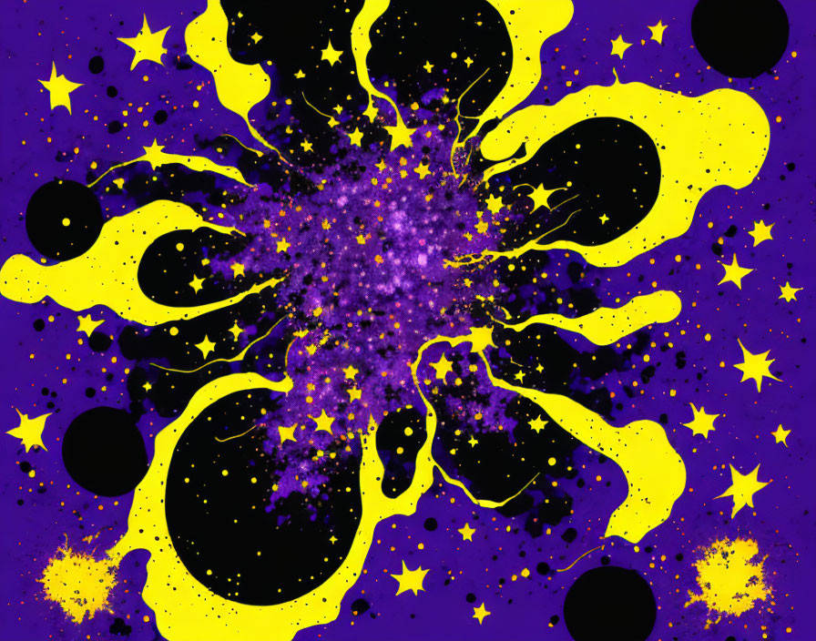 Abstract cosmic illustration with purple and yellow burst, stars, and planets on deep purple.