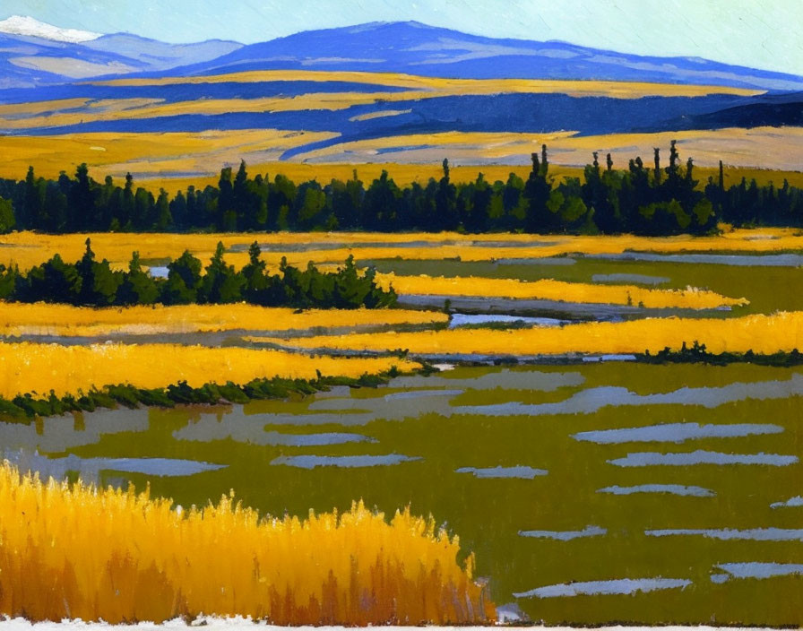 Colorful landscape painting with yellow fields, river, trees, and hills under blue sky