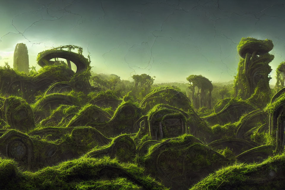 Moss-covered ruins in lush, otherworldly landscape