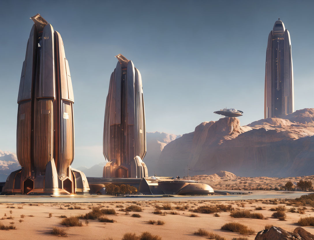 Sleek futuristic cityscape in desert with flying vehicle