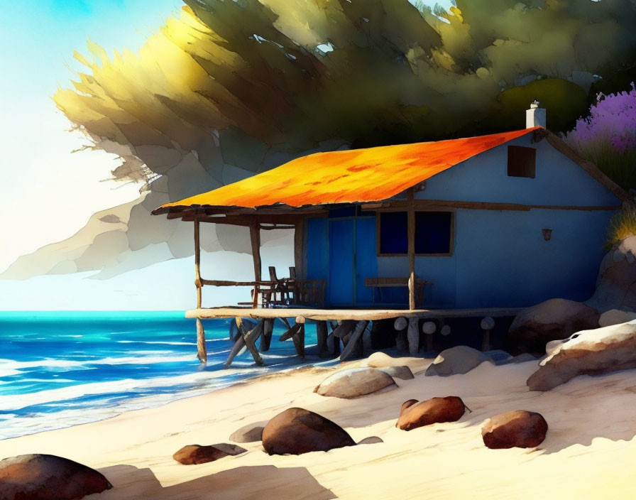 Seaside cabin with orange roof on stilts by lush beach.