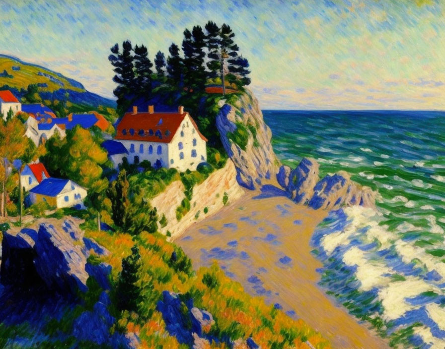 Coastal village painting with houses and cliffs