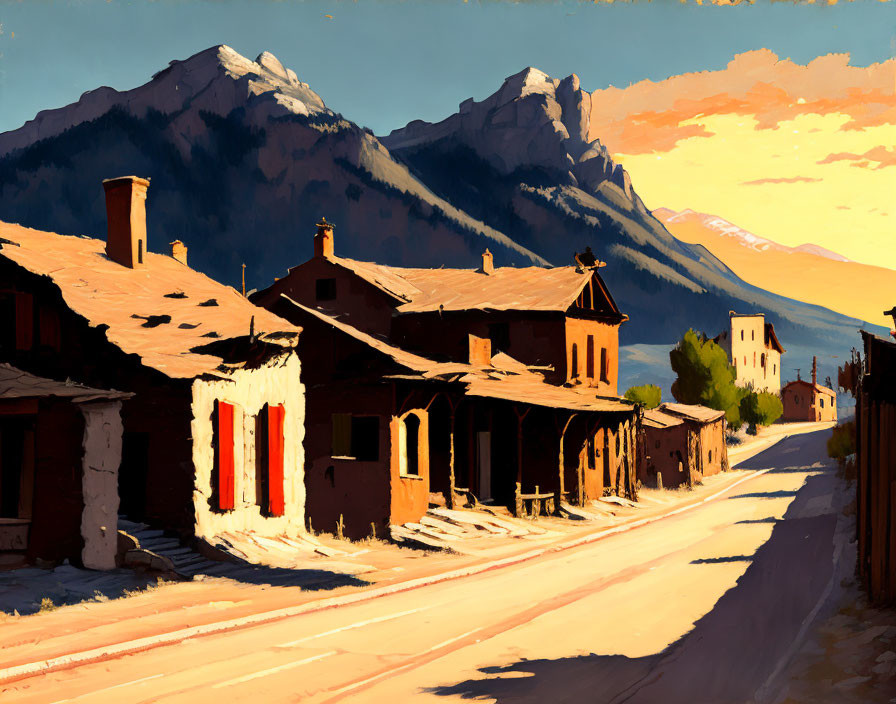 Rustic buildings and mountains in evening sun glow