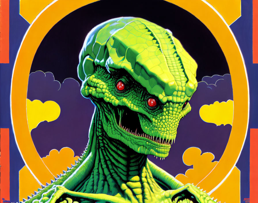 Green reptilian creature with red eyes on stylized background.