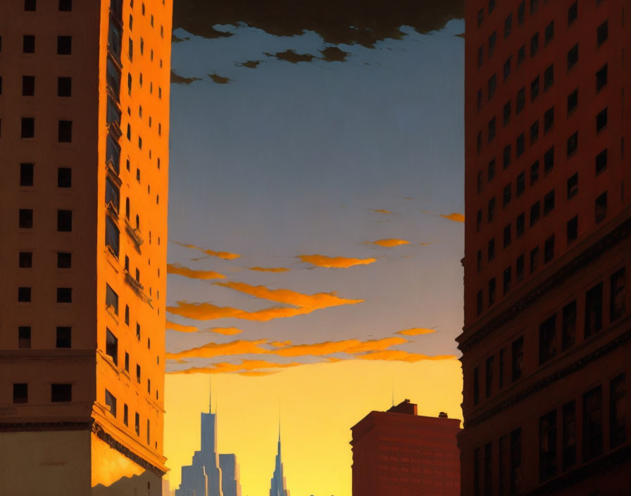 Urban sunset: orange clouds contrast high-rise shadows