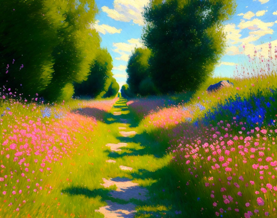 Colorful Impressionistic Painting of Lush Path with Wildflowers