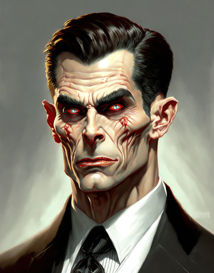 Menacing male vampire with slicked-back hair and piercing eyes