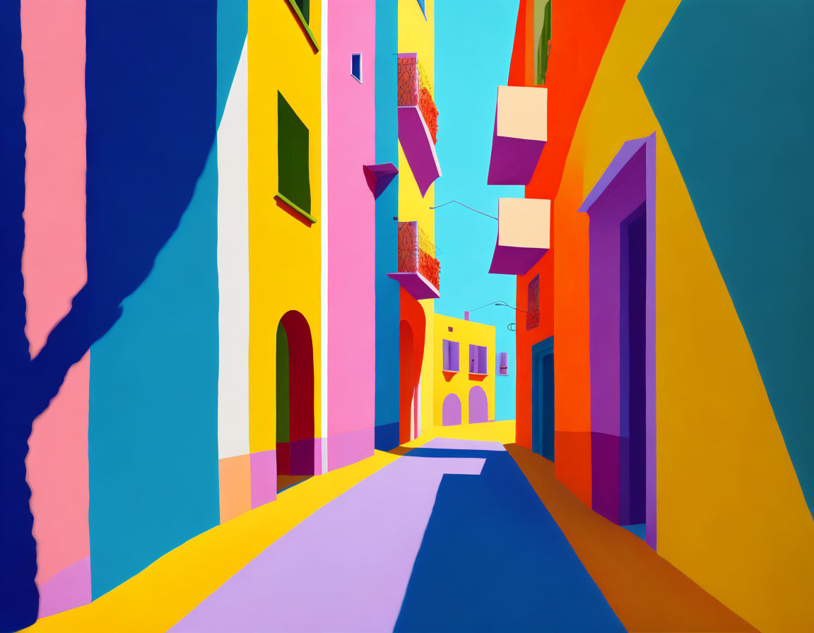 Colorful geometrically stylized street with vibrant buildings in pink, yellow, blue, and orange.