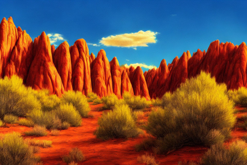 Fiery red rock formations in vibrant desert landscape