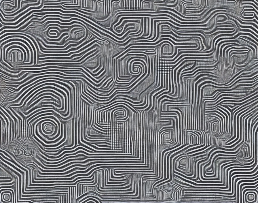 Intricate Black and White Maze-Like Pattern with Topographical Map Features