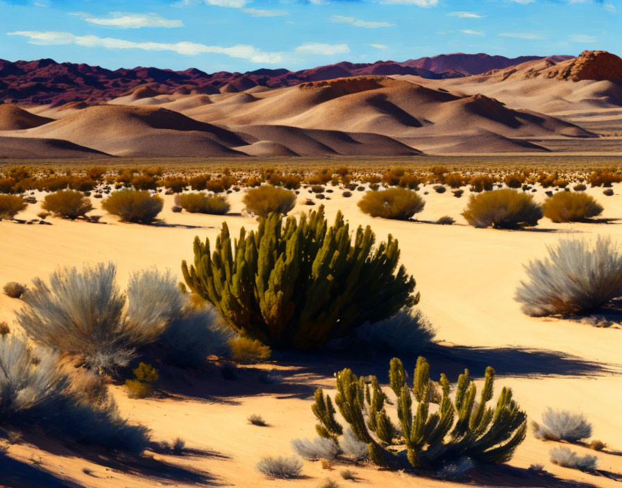 Desert landscape with cacti, sandy hills, and red mountains