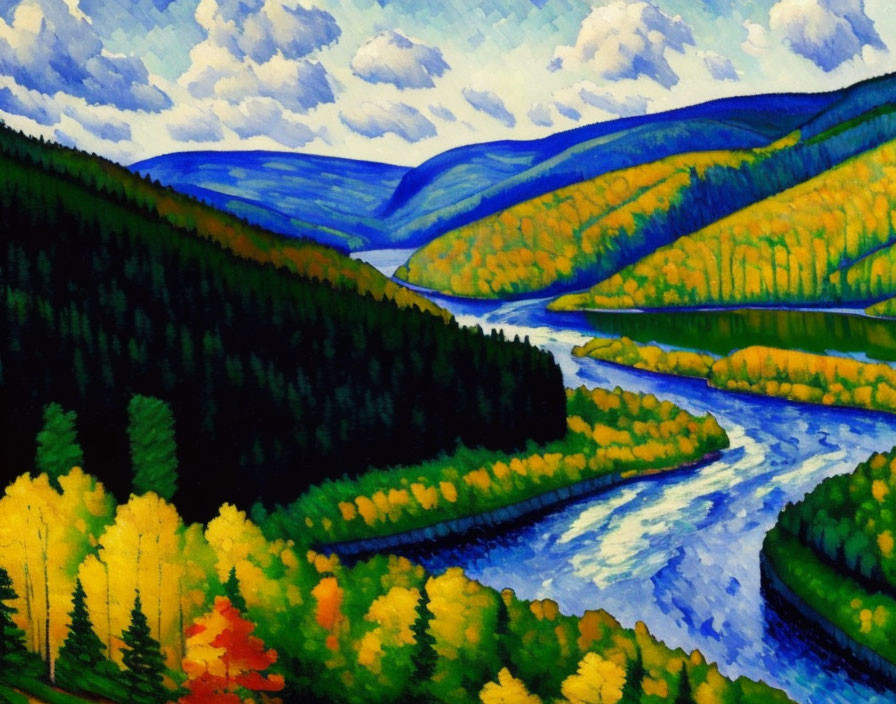 Colorful landscape painting of winding river and rolling hills