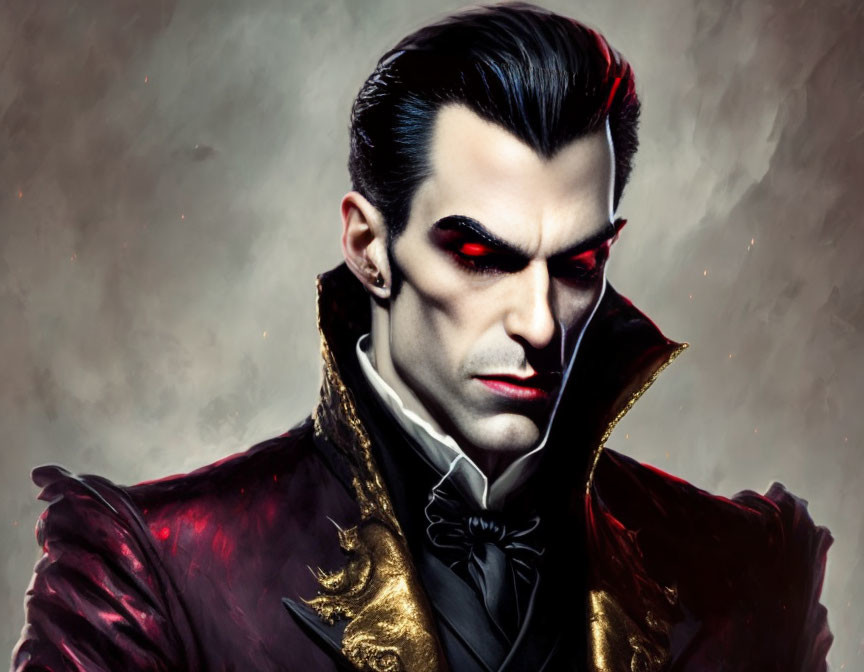 Pale-skinned male with slicked-back black hair and red eyes in Victorian coat