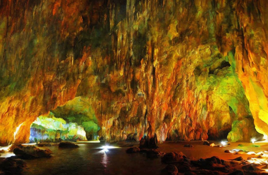 Majestic cave with stalactites, vibrant rocks, and water surface