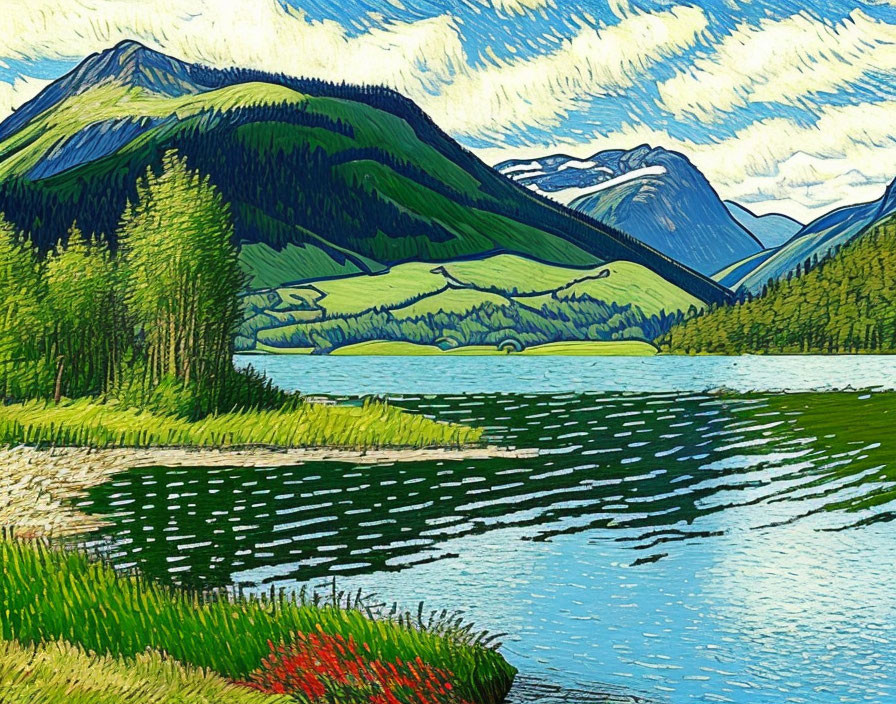 Scenic mountain lake painting with green hills and blue sky