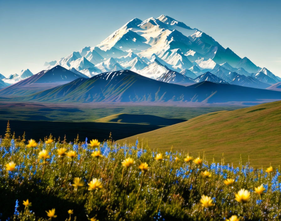 Green meadow with wildflowers and snow-capped mountains under blue sky