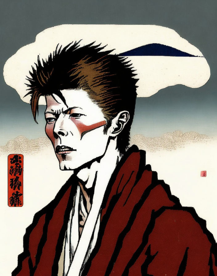 Illustration: Ziggy Stardust-inspired figure in Japanese woodblock print style.