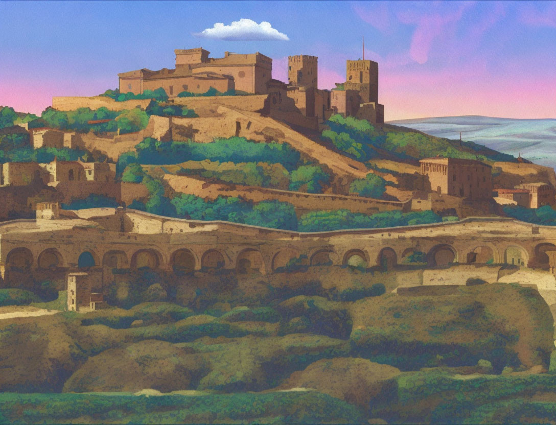 Vibrant medieval castle illustration on hill with fortified wall