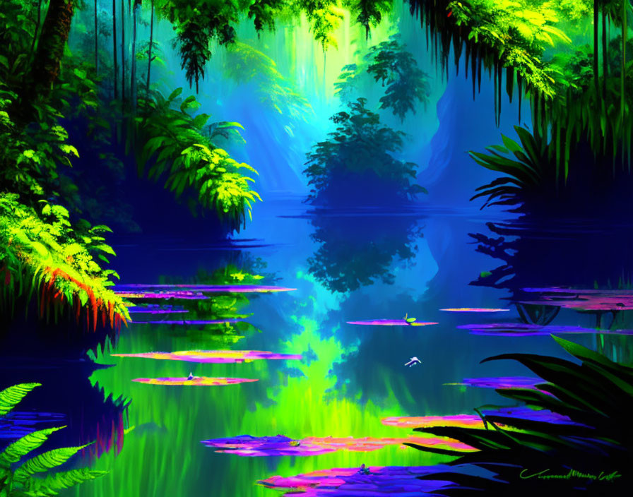 Colorful digital artwork of neon-lit jungle with reflections on water