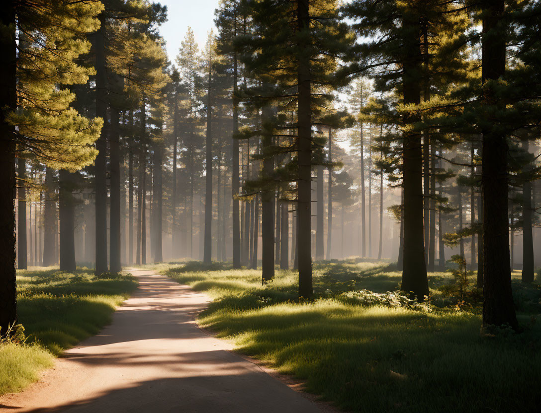 Tranquil forest path with tall pines and morning mist