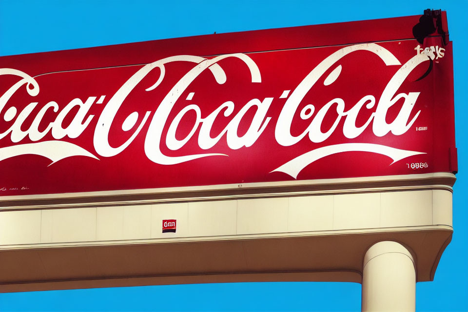 Large Red Coca-Cola Sign Against Bright Blue Sky on White Column